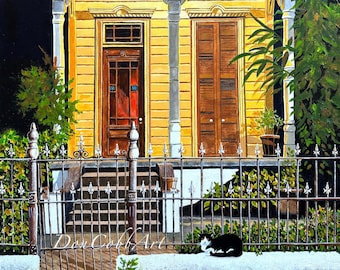 New Orleans Art, Shotgun House, Tuxedo Cat, Full Moon, Art Prints, Frame Prints, Canvas Gallery Wrap Prints