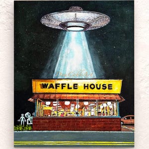 Láminas artísticas de ovnis de Waffle House: ilustraciones firmadas y numeradas sobre abducciones extraterrestres. 18x24" Big Art Print inches