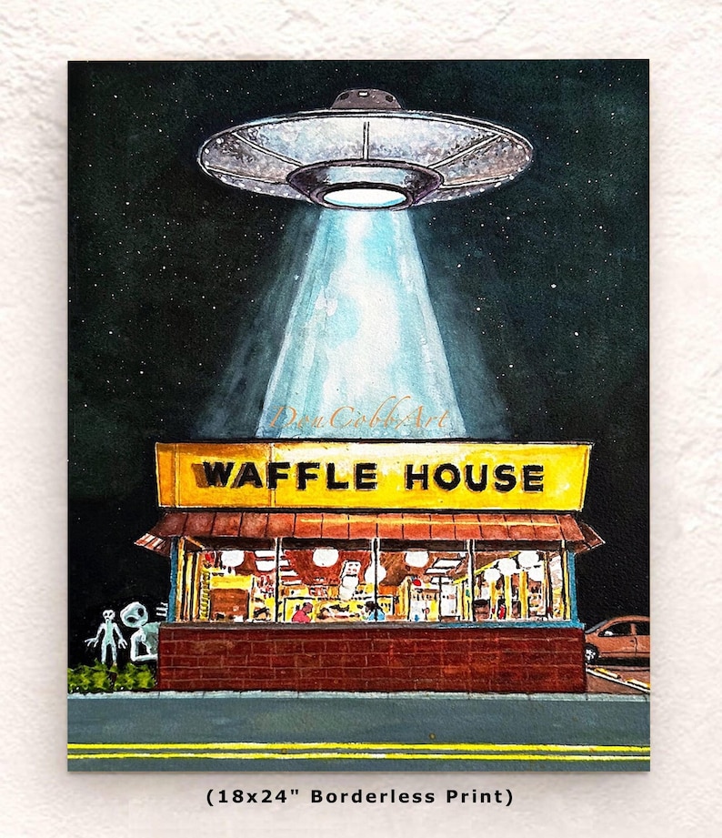 Láminas artísticas de ovnis de Waffle House: ilustraciones firmadas y numeradas sobre abducciones extraterrestres. 18x24" Big Art Print inches