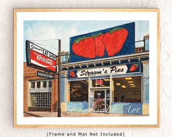 May include: A watercolor painting of a storefront with a red Coca-Cola sign and a sign that reads "Strawns' Eat Shop". The storefront is painted in a light blue and white color scheme. The storefront has a large window with a sign that reads "Strawn's Pies As Featured in Southern Living". The window is decorated with a large strawberry graphic. The painting is signed "Don Cobb Art".