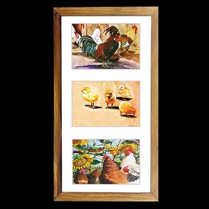 May include: A wooden picture frame with three separate images. The top image shows a rooster with a black and white patterned design. The middle image shows a group of yellow chicks. The bottom image shows a brown hen with a white hen in the background.