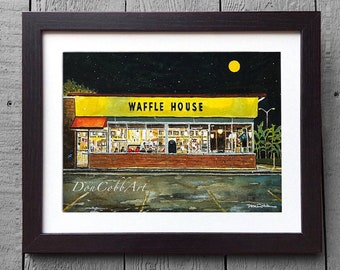 Waffle House - Full Moon - Breakfast, Pancakes, Restaurant Art, Framed, Signed Prints (3 Sizes)