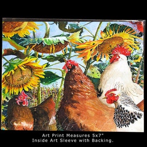 Chickens, Rooster, Sunflowers Art, Sunflower Chickens, Art Prints, Framed Prints, Canvas Gallery Wrap Prints 5x7 Art Print inches