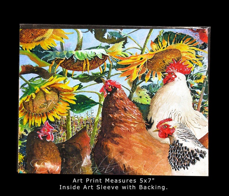 Chickens, Rooster, Sunflowers Art, Sunflower Chickens, Art Prints, Framed Prints, Canvas Gallery Wrap Prints 5x7 Art Print inches