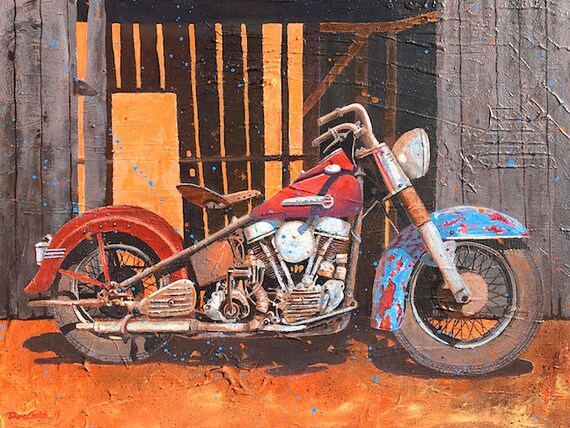 Harley Davidson 1950 Pan Head Motorcycle Art Harley Barn Etsy