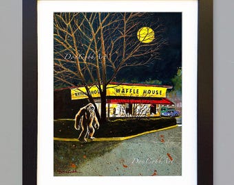 Bigfoot Waffle House, Full Moon, Breakfast, Pancakes, Restaurant Art, Framed, Signed and Numbered Prints