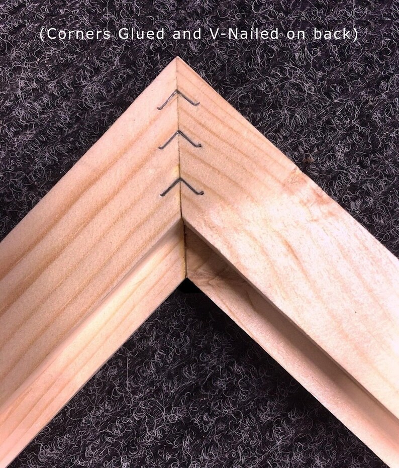May include: Close-up of a wooden frame corner, showing the construction details. The corners are glued and V-nailed for added strength. The wood has a natural, light color, and the frame is set against a dark, textured background.