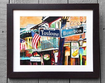 New Orlean's Art, Toulouse and Bourbon, Framed & Matted Signed Prints, 3 Sizes