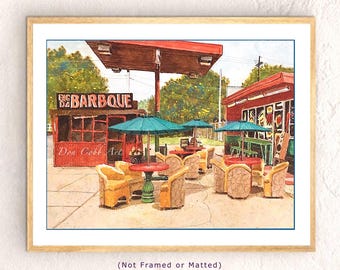 May include: A watercolor painting of a red and white building with a sign that reads "Big BBQ". There are blue umbrellas and tables with chairs set up outside the building. The painting is done in a vintage style.