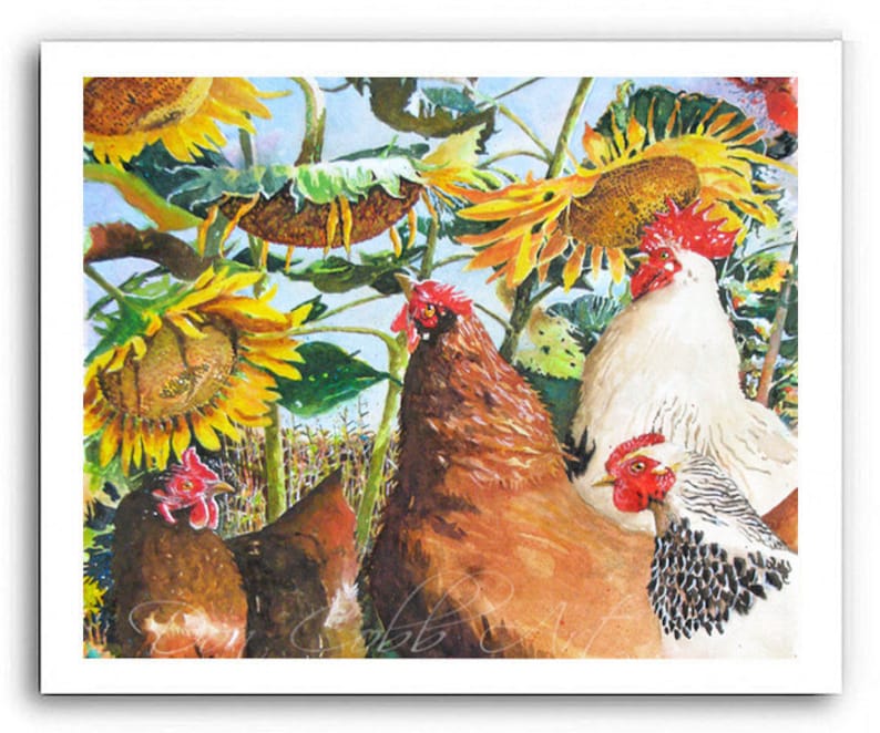 Chickens, Rooster, Sunflowers Art, Sunflower Chickens, Art Prints, Framed Prints, Canvas Gallery Wrap Prints image 6