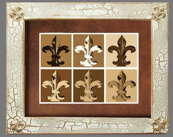 Fleur de Lis, Distressed Framed, Matted, Signed Art Print, Fleur Neutral