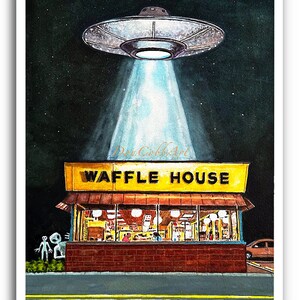 Puede incluir: Una pintura de acuarela de un restaurante Waffle House con un OVNI flotando sobre &eacute;l. Dos extraterrestres grises se paran afuera del restaurante. El OVNI emite una luz azul brillante.