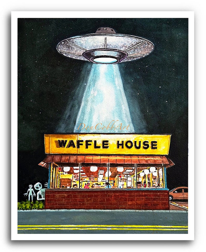 Puede incluir: Una pintura de acuarela de un restaurante Waffle House con un OVNI flotando sobre &eacute;l. Dos extraterrestres grises se paran afuera del restaurante. El OVNI emite una luz azul brillante.