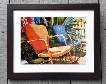 Vintage Metal Lawn Chairs Art, Relax, Framed and Signed Prints