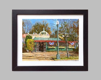 May include: A painting of a restaurant with a green awning and red trim. The restaurant is called "Catering" and has a sign that says "Catering" in white letters. There are trees and a street lamp in front of the restaurant.