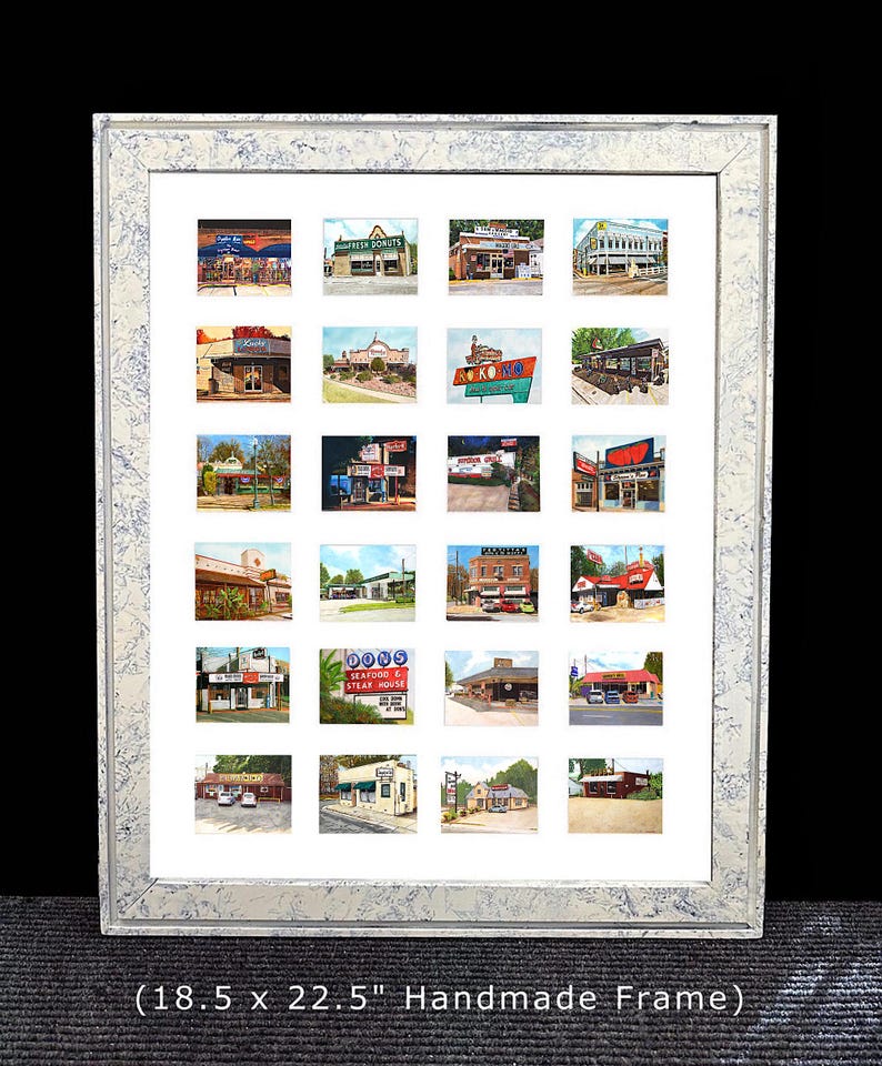 May include: A framed artwork featuring a grid of 24 small, colorful paintings of vintage roadside businesses. The frame is a light color with a speckled pattern. The frame measures 18.5 x 22.5 inches.