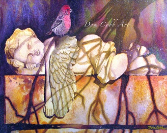 Valentine's Day Gift, Angel Statue, Bird Art "Sleepy Angel" Art Prints and Canvas Gallery Wrap Prints Signed and Numbered
