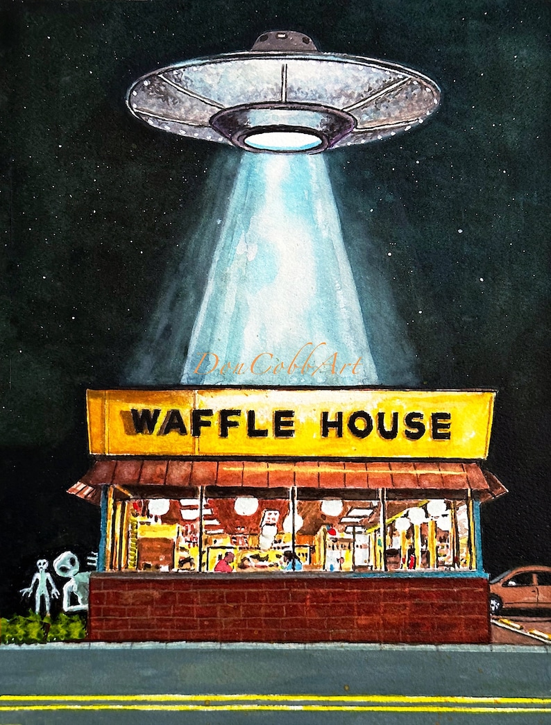 Puede incluir: Una pintura de acuarela de un OVNI flotando sobre un restaurante Waffle House. Dos extraterrestres grises se paran afuera del restaurante, mientras un rayo de luz brilla hacia abajo desde el OVNI.
