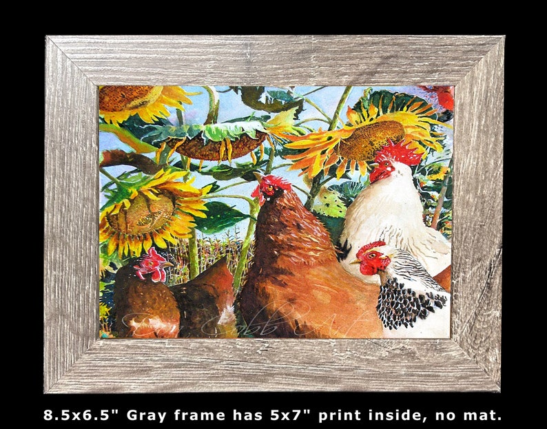 Chickens, Rooster, Sunflowers Art, Sunflower Chickens, Art Prints, Framed Prints, Canvas Gallery Wrap Prints 8.5x6.5 Gray Frame inches