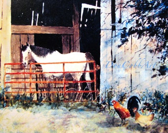 Barn, Horse, Chickens Art, Gate Keeper, Art Prints, Framed Prints, Signed