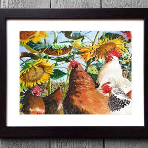 Chickens, Rooster, Sunflowers Art, Sunflower Chickens, Art Prints, Framed Prints, Canvas Gallery Wrap Prints image 2
