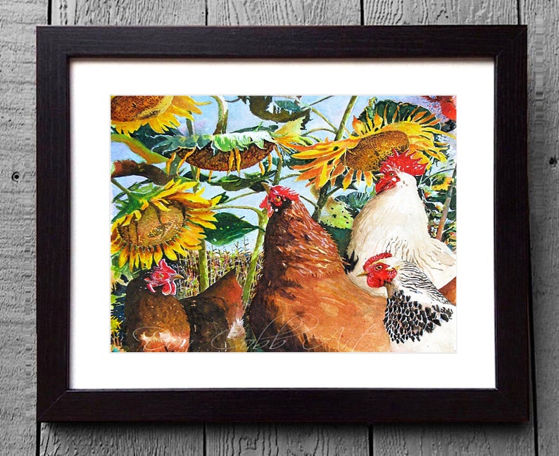 Chickens, Rooster, Sunflowers Art, Sunflower Chickens, Art Prints, Framed Prints, Canvas Gallery Wrap Prints image 2