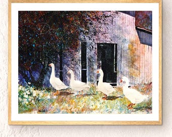 Farm Geese Art Print: Signed and Numbered, Barnyard Painting