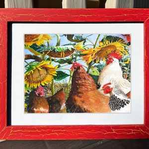 Chickens, Rooster, Sunflowers Art, Sunflower Chickens, Art Prints, Framed Prints, Canvas Gallery Wrap Prints image 3