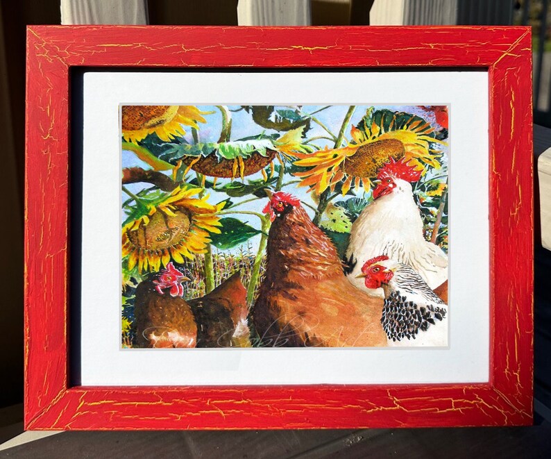 Chickens, Rooster, Sunflowers Art, Sunflower Chickens, Art Prints, Framed Prints, Canvas Gallery Wrap Prints image 3