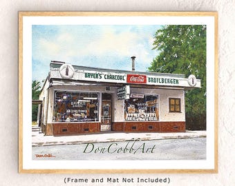 Puede incluir: Una pintura de acuarela de una tienda vintage con el texto "Bayer's Charcoal Broilberger" sobre la entrada. La tienda tiene un toldo rojo y un letrero que dice "Bayer's Bakery Air Conditioned". La pintura está firmada "Don Cobb Art".