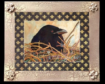 Crow's Nest, Fleur de Lis Art, Distressed Frame, Matted, Signed Art Print