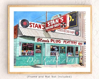 Puede incluir: Una pintura de acuarela de una tienda de discos vintage llamada "Stan's Record Shop". La tienda tiene una fachada verde con un letrero rojo y blanco que dice "Stan's Plug Platters 69¢".
