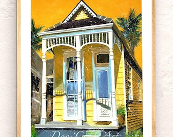 May include: Watercolor painting of a yellow house with white trim, a porch, and a dark roof. The artwork is framed in a light wood frame. The text "Don Gotte Art" is visible at the bottom of the image.