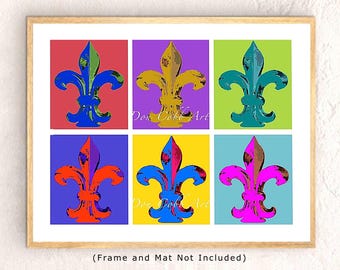 Puede incluir: Una impresión enmarcada con seis diseños de flor de lis coloridos. Cada flor de lis se encuentra sobre un fondo vibrante diferente: rojo, morado, verde, azul, amarillo y celeste. El texto "Don Cobb Art" es visible en dos de los cuadrados.