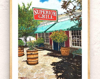 Könnte beinhalten: Aquarellmalerei eines Restaurantäußeren mit einem roten Schild mit der Aufschrift "SUPERIOR GRILL". Das Gebäude hat eine türkisfarbene Markise und rote Wände. Topfpflanzen und Bäume umgeben den Eingang. Das Kunstwerk ist gerahmt.