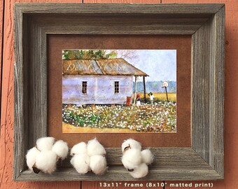 Cotton Field, Share Cropper House, Down In Louisiana, Barn Wood, Framed and Matted, Signed, Two Sizes