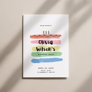 May include: A white invitation card with colorful horizontal stripes and text. The text reads "YOU'RE INVITED TO Olivia Wilson's BIRTHDAY LUNCH" with the date and time below. The design includes a cake illustration with three candles.