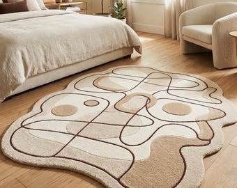 Hand Tufted Wool Rug, Beige Abstract Irregular Shape, Custom Size