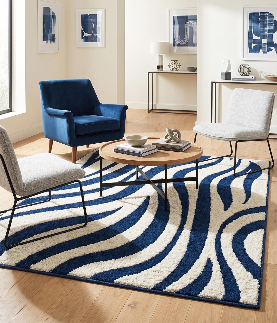Navy Zebra Print Hand-tufted 6x9 Area Rug | Blue Ivory Wool Living Room ...
