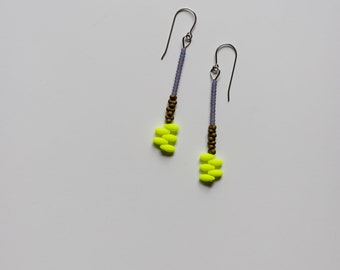 hot kiss earrings--dark olive/denim/neon yellow--clashing glass beaded earrings by budpnq