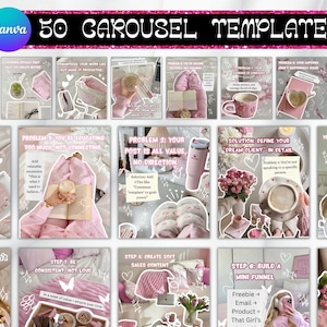 Pode incluir: Um conjunto de 50 modelos de carrossel Canva. A imagem apresenta uma estética rosa e branca com sobreposições de texto. Os modelos cobrem tópicos como criação de conteúdo e estratégias de vendas. O logotipo da Canva é visível.