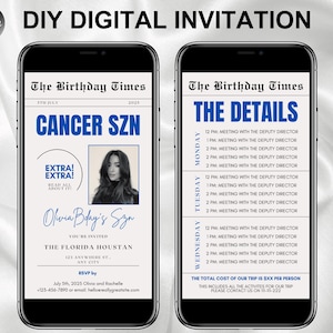 Editable Cancer Birthday Weekend Newspaper Invitation, Digital Cancer Birthday Girl Trip Newspaper Invite, Bday Itinerary, Canva Template