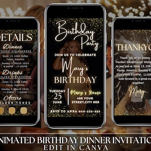 Luxury Black and Gold Birthday Party Invitation Video Template, Editable Canva Invite, Women’s 30th 40th 50th Birthday Dinner Digital Evite