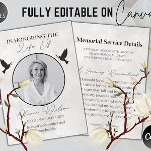 Minimalist Funeral Program Template: Printable Memorial Service (Canva Editable, PDF Download A5/5x7 in