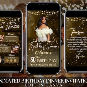 Luxury Black and Gold Birthday Party Invitation Video Template, Editable Canva Invite, Women’s 30th 40th 50th Birthday Dinner Digital Evite