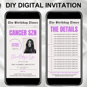 Editable Cancer Birthday Weekend Newspaper Invitation, Digital Cancer Birthday Girl Trip Newspaper Invite, Bday Itinerary, Canva Template