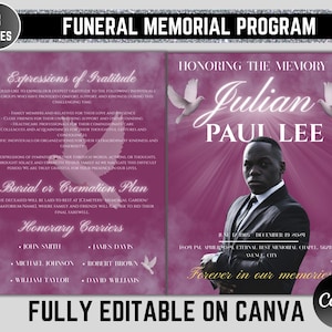 Pink Funeral Memorial program, 8 pages, 8.5x11 inch, Cloud Funeral Program, Celebration of Life, Keepsake Digital Download, Canva Template