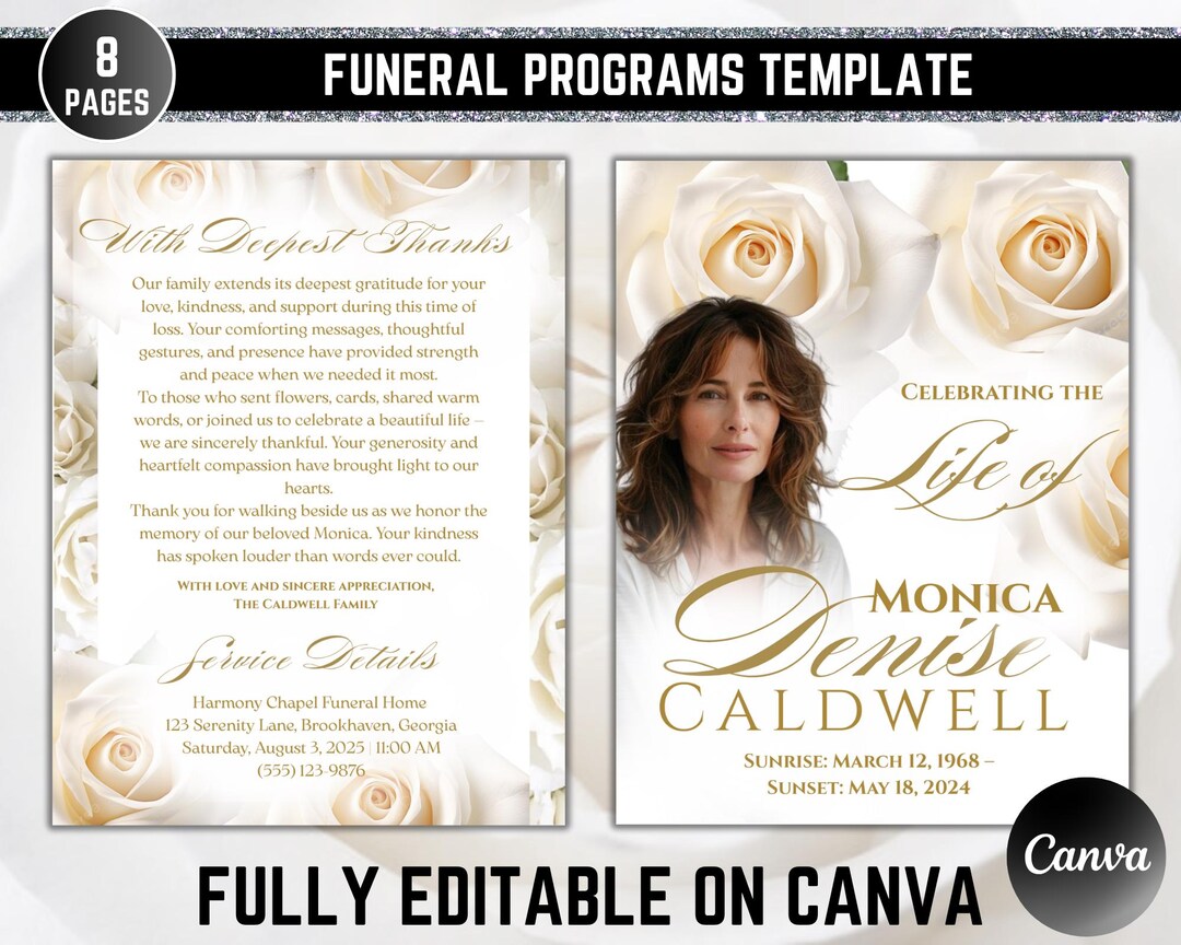 White Roses Funeral Program Template: Elegant Obituary Booklet (canva ...