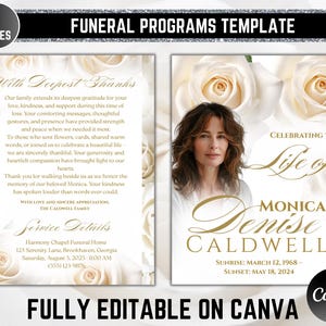 Op de afbeelding: Een sjabloon voor een begrafenisprogramma met een witte bloemenachtergrond. De sjabloon bevat de tekst "Funeral Programs Template", "With Deepest Thanks" en "Celebrating the Life of Monica Denise Caldwell". Het programma is volledig bewerkbaar op Canva.