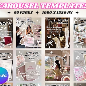 Puede incluir: Un anuncio de plantillas de carrusel digitales. La imagen es una cuadrícula de ocho cuadrados con texto y gráficos. El banner superior dice "CAROUSEL TEMPLATES" e incluye el texto "50 PAGES" y "1080 X 1320 PX".